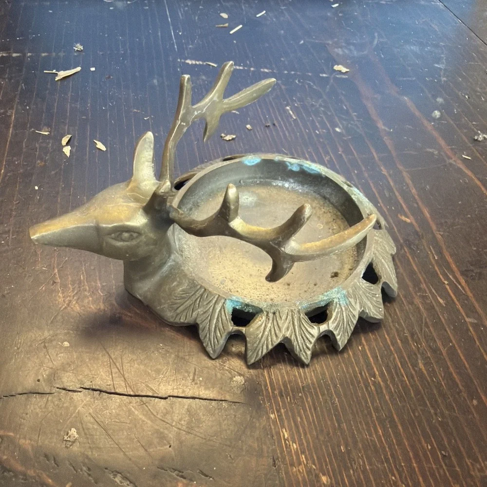 Vintage Brass Deer Stage Candle Holder  Catch All Trinket Holder Dish